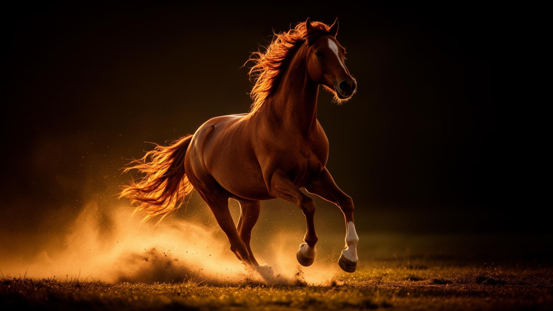Chestnut horse galloping at sunset